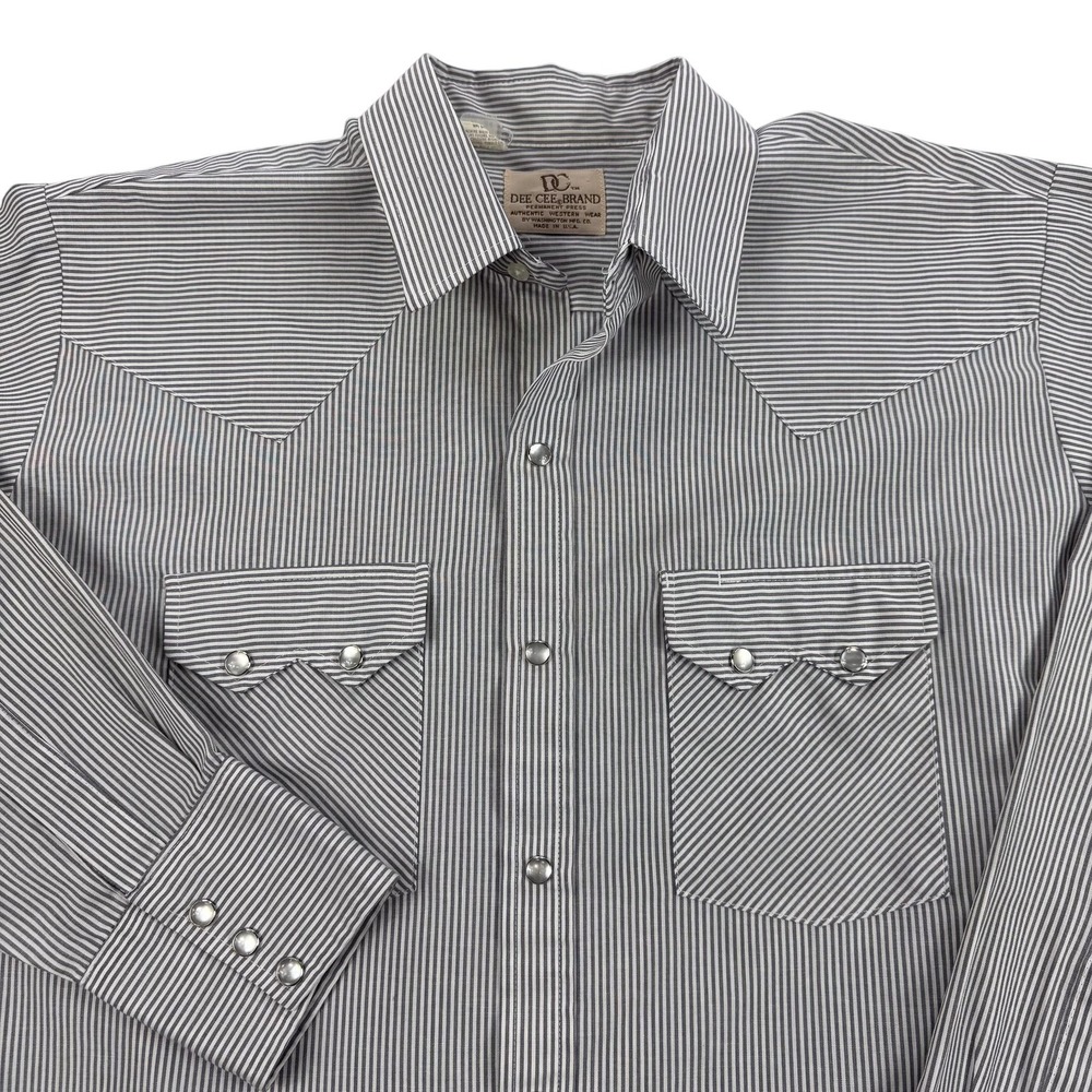 Vintage Dee Cee Brand Shirt Mens XL 17 34 Gray Stripe Western Pearl Snap Cowboy